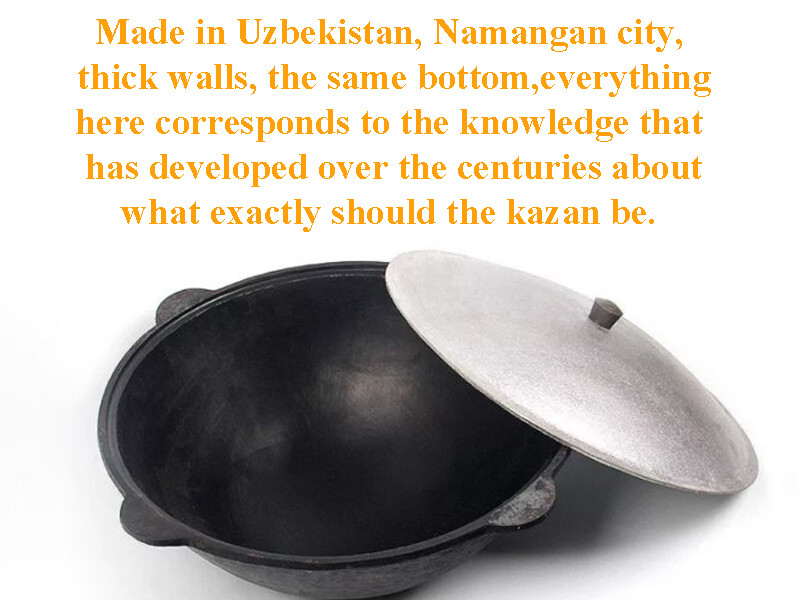 Kazan Uzbekisch gietijzer, 16 liter, met aluminium deksel, plov schuimlepel, 48 cm, Uzbekistan kookpan, houten lepel, WOK 16 liter, aluminium deksel