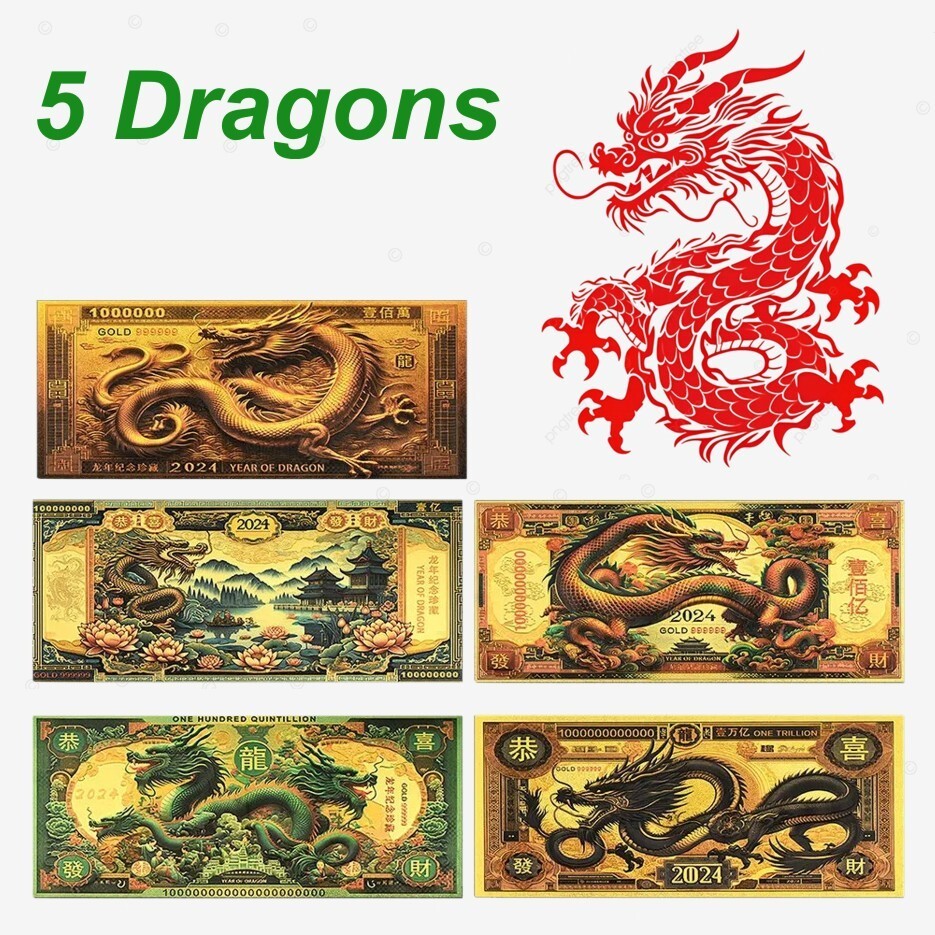 Chinese Dragons Set of 5 Gold Plated Banknotes Zodiac 2024 Year of