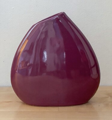 Vintage Asymmetrical Rim Maroon Vase Pottery Art Deco Romance Farmhouse MCM