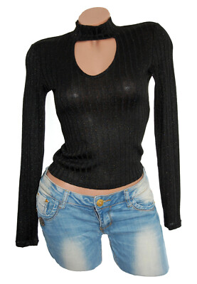 H&M DIVIDED Pullover Strick Shirt Pulli langarm in schwarz Glitzer Gr XS 32 / 34