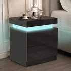 LED RGB Nightstand Bed Side Table Night Stand 2 High Gloss Drawers Bedroom Desk