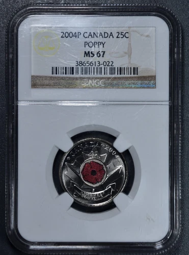 2004 25c CANADA POPPY Remembrance Day Coin Color NGC MS 67 A4532