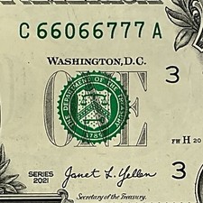 Full House Fancy Serial Number 2021 One Dollar Bill C66066777A FW Print Trinary