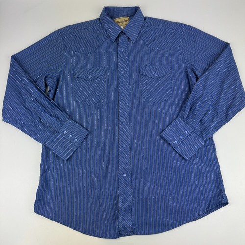 Wrangler Herren Gr. L Pearl Snap Shirt Blau Streifen Langarm Silberfäden