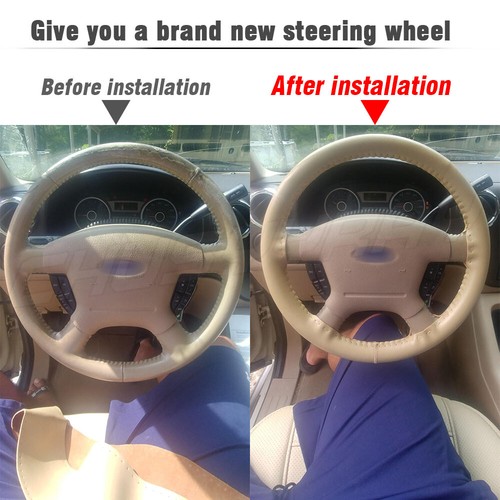 Sand Genuine Stitched Leather Steering Wheel Cover - Size 15" - Foto 7 di 12