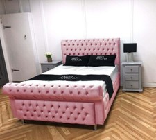 Image of Plush Velvet Sleigh Bed Chesterfield Bed, Bed Frame Double Bed, King, Super King