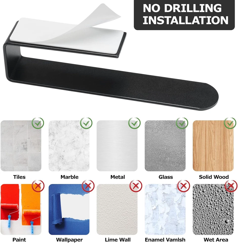 Billybath porta asciugamani bagno nero, porta asciugamani da parete adesivo Sa - Immagine 4 di 4