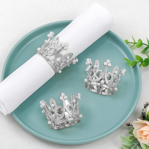 Silver Napkin Rings Set of 12 Pearl Crown Rhinestone Napkin Rings for