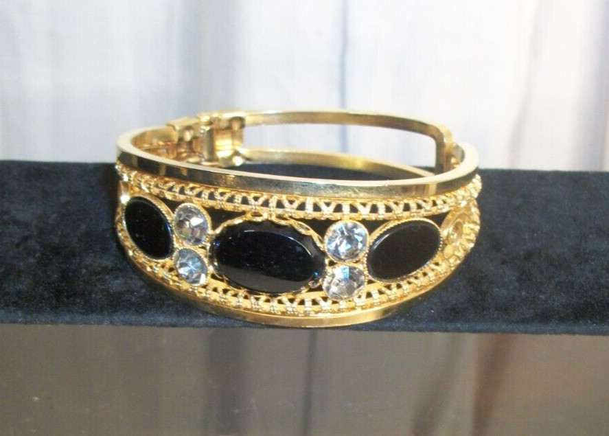 Vintage Black And Gold Bangle Bracelet Set with Rhinestones, Hinged