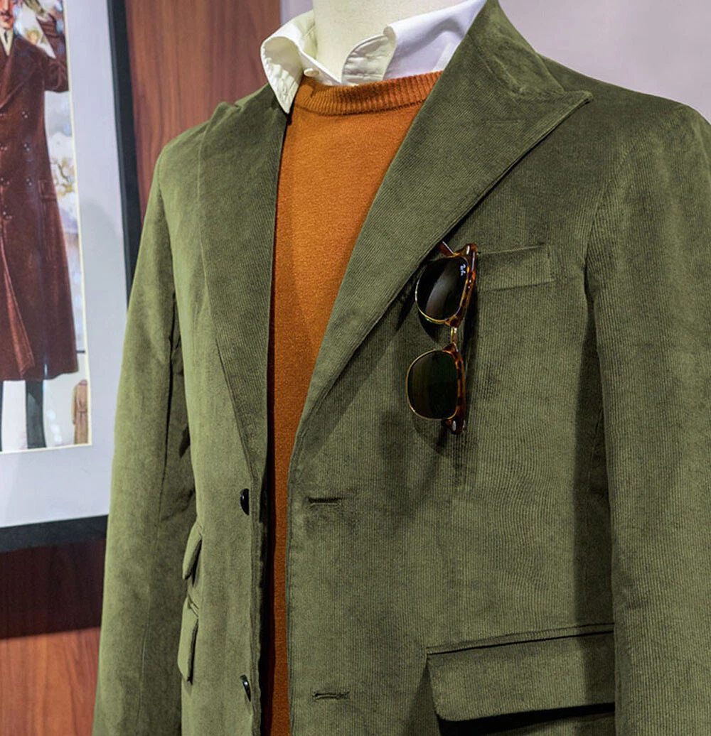 Men's Vintage Classic Corduroy Blazer Jacket Peak Lapel Sport Leisure Suit Coat