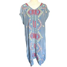 Sundance Dress Women M Blue Embroidered Shift Boho V-Neck Viscose Short Sleeve