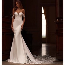 Off Shoulder Mermaid Wedding Dresses Satin Lace Sleeveless Boat Neck  Gowns