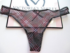 VICTORIA'S SECRET Shimmer Mesh Thong Panty VS Black Plaid S M L XL Sheer Shine