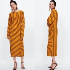 Zara collection Yellow Mustard Black Dress Midi Ruffled Ruched Dress L large