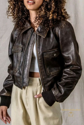 Women s Brown Leather Bomber Jacket Vintage 80s Cropped Ribbed Cuffs /Zip