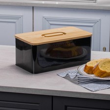 Image of Kitchen Metal Bread Bin with Bamboo Lid Cake Loaf Snacks Storage Box Container