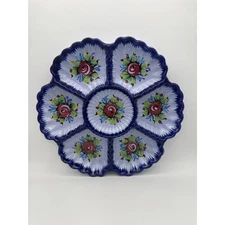 Vintage Portugal Painted Blue Floral Divided Serving Dish Veggie/Appetizer Tray