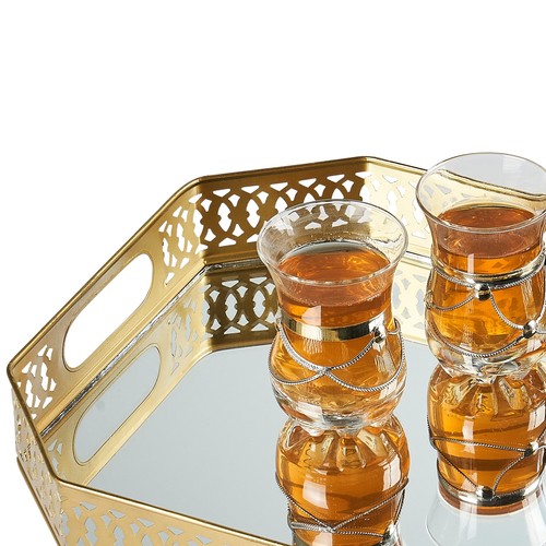 Orient Orientalisches Marokkanisches Spiegel Tablett Serviertablett Gold Eckig - Bild 4 von 6