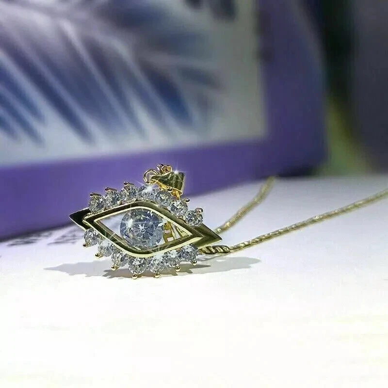 Collar Colgante Mal de Ojo Moissanita Real Corte Redondo 2 Ct Chapado en Oro Amarillo 14k Foto 2 de 4