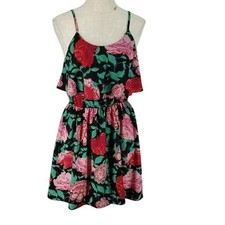 Elle Black Floral Rose Print Mini Dress size small spaghetti strap