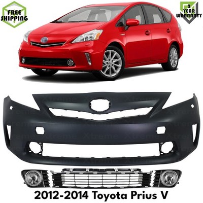 Front Bumper Cover Primed Plastic & Fog Lights Kit For 2012-2014 Toyota Prius V