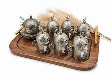Authentic Turkish Ottoman Tea Set – 6 Decorative Silver Cups Sugar Bowl