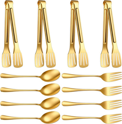 12PCS Gold Serving Utensils Set - Stainless Steel Gold Serving Spoons, Slotted