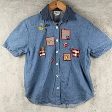 Teddi Denim Shirt Womens M Embroidered Patchwork Floral Button Down VTG Grandma