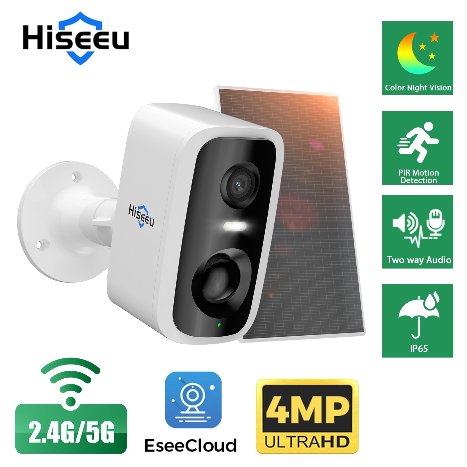 Hiseeu 4MP Outdoor Solar Battery Wireless Wifi Security Camera Color Night Audio