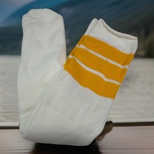 Vintage 80's Tube Socks 10-13 21" White Yellow Striped USA Acrylic