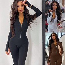 Womens Ladies Zip V Neck Jumpsuit Party Bodysuit Rompers Unitard Leggings PantS