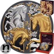 PFERDE HORSES - Niue 2026 - 5 Oz Silber Black Proof vergoldet - Jahr des Pferdes