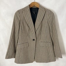 NWOT Talbots Cotton Wool Tan Navy Houndstooth Blazer Womens Petite Size 8P