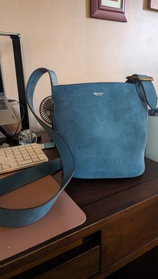 Coach Bleecker Bucket Bag 21 Crossbody Suede/Brass/Sea Blue CCW84 + Pouch NWT