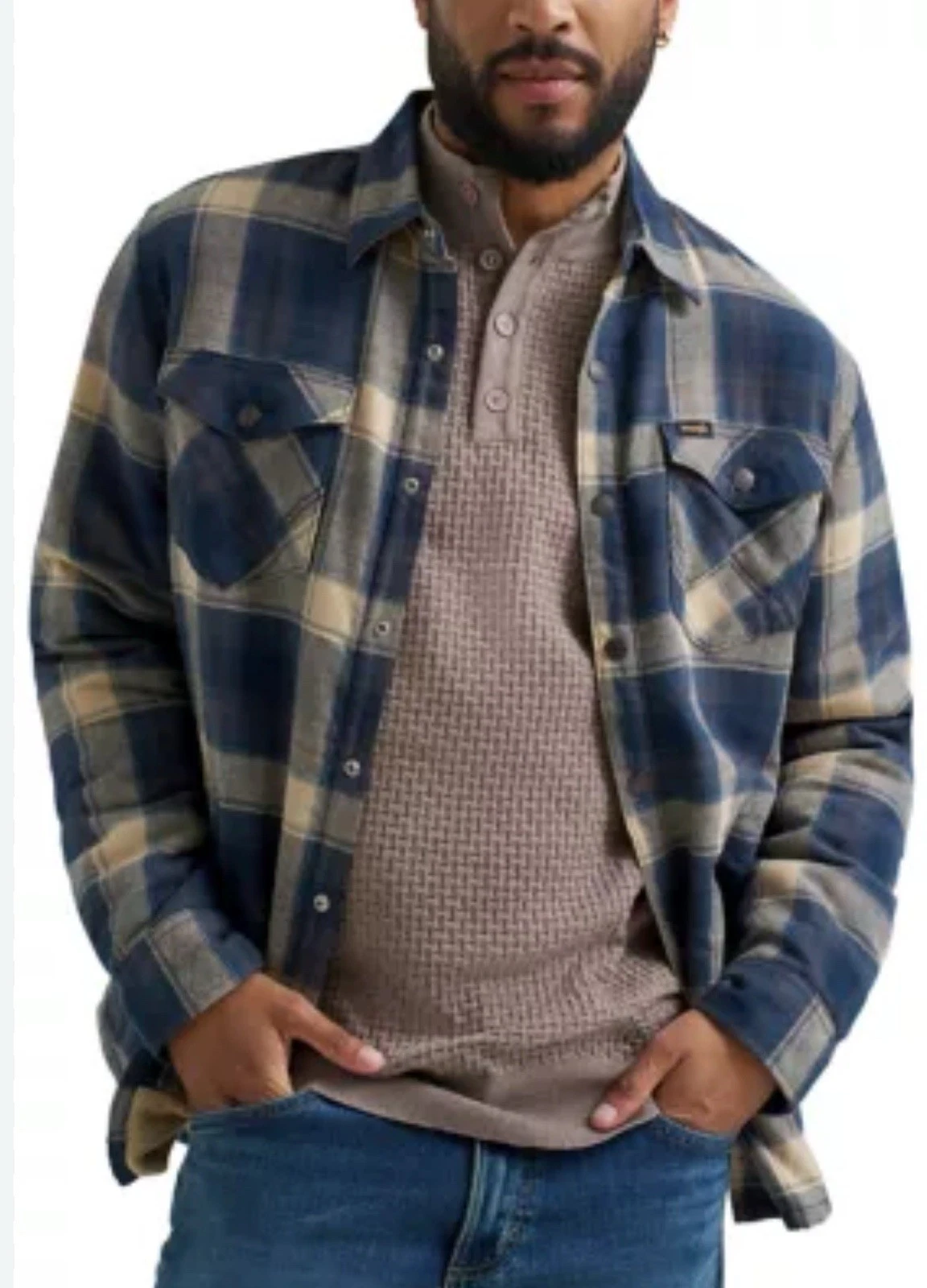 Men's Plaid Printed Sherpa Lined Flannel Shirt Shacket Size Small EUC. Blue