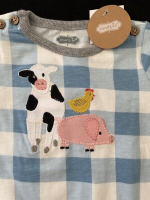 Mudpie NWT Blue/White Check Appliqué Farm Animals 100% Cotton Footie-3-6Mos