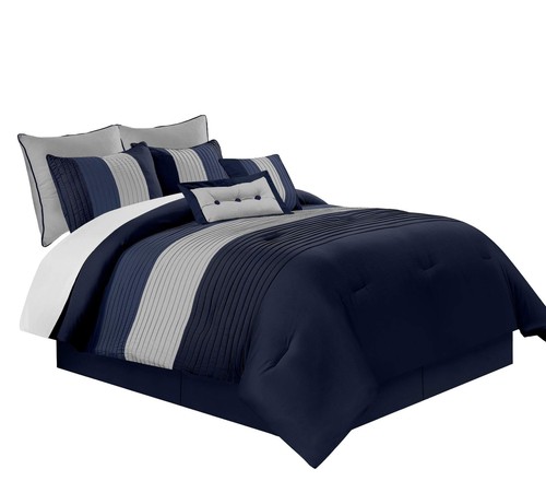 Chezmoi Collection Loft 8-Piece Luxury Striped Comforter Set (King, Navy/Gray... - Picture 2 of 7