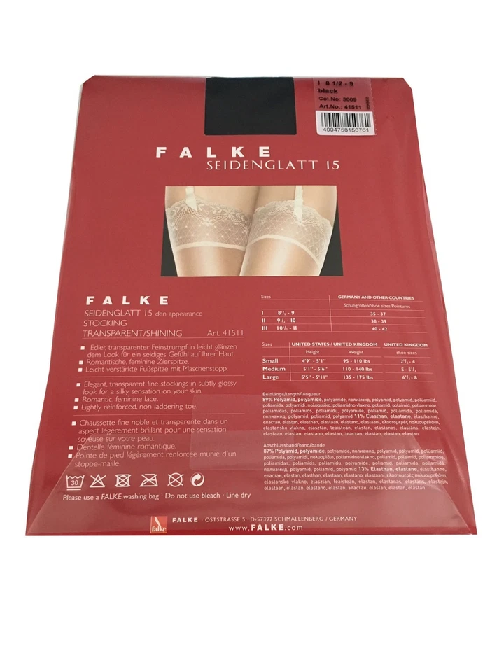 FALKE Socke Frau Von Strumpfhalter Schwarz Rand Spitze 15 Höhle Seidenglatt 15 - Bild 2 von 2