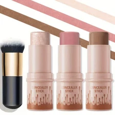 3Pcs Cream Contour Stick Kit – Blush, Highlighter & Bronzer with Brush