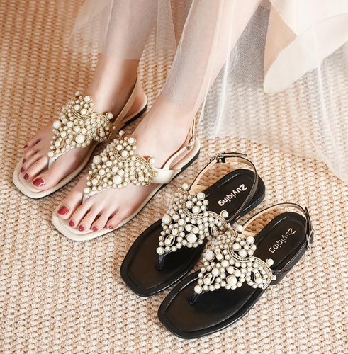 Womens Summer Rhinestone Pearl Flat Square Toe Flip Flops Slingback Buckle Shoes - Picture 11 of 14