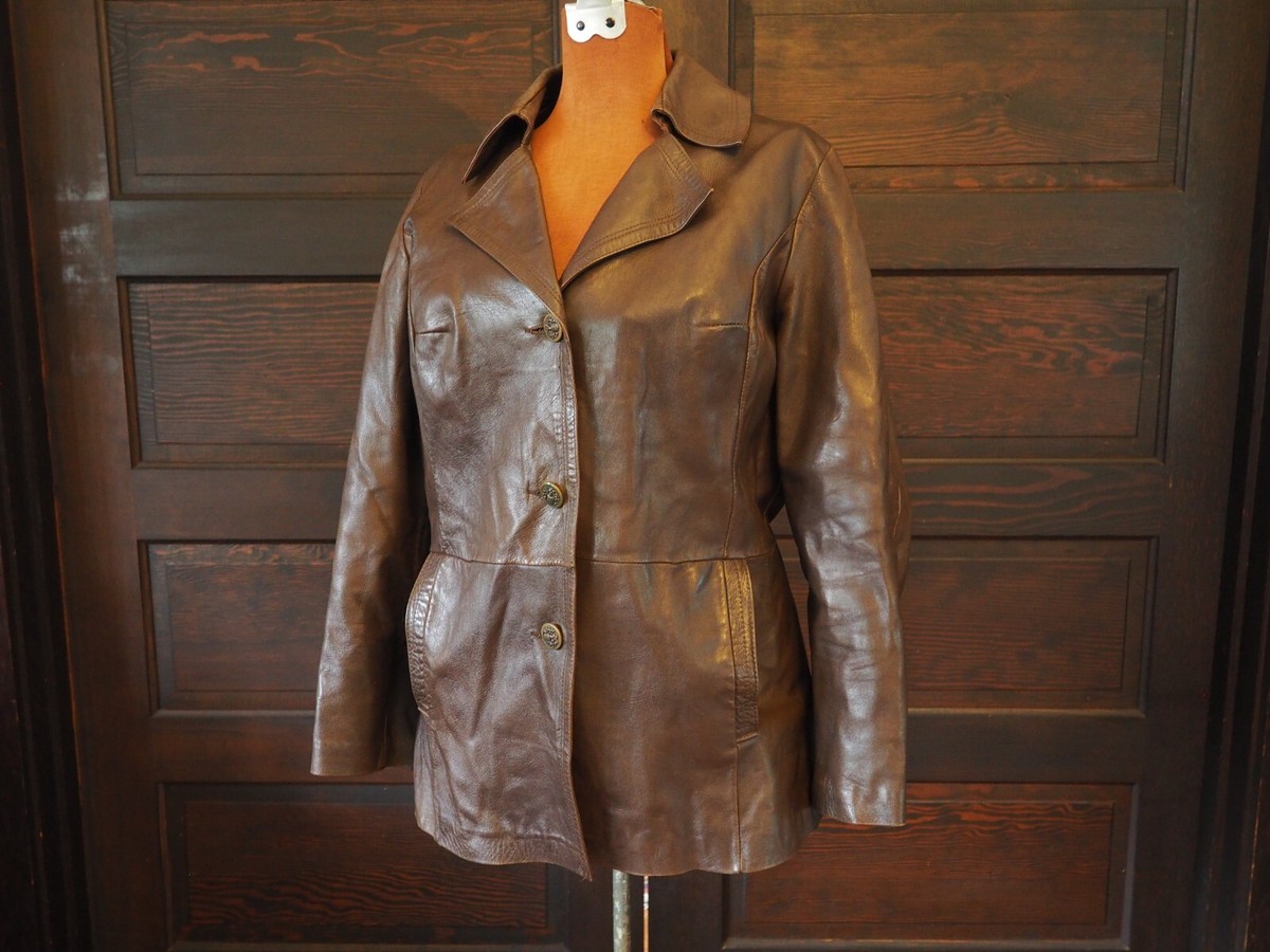 ジャケット・アウター AT-DIRTY LOGGER VINTAGE LEATHER COAT VTG 50s 60s Brown Lamb Leather Satin Lined Aleksander Norway Made
