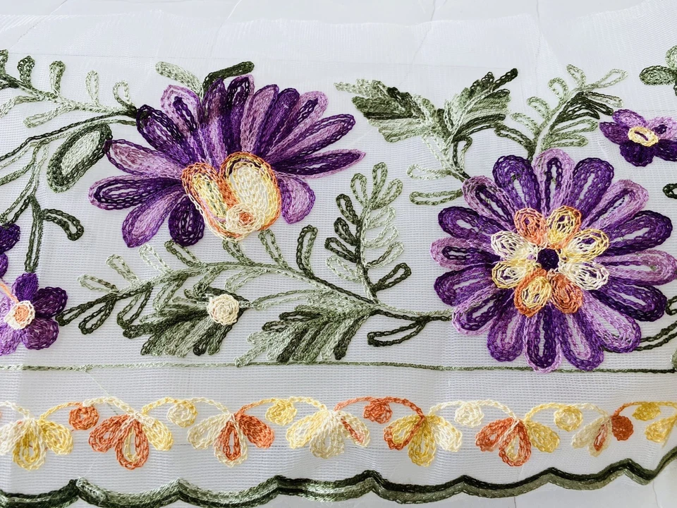 Floral Crewel Embroidered Trim/ White Tulle/Sewing/Craft/Bridal/7" Wide/Purple - Image 3 of 4
