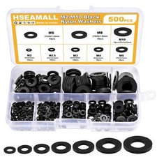 500PCS Black Nylon Washers,M2 M2.5 M3 M4 M5 M6 M8 M10 Assorted Flat Round Seal