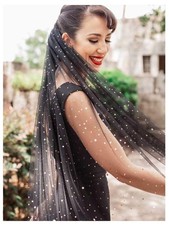 Yokawe Black Long Wedding Veil 1 Tier Star Wedding Veil Lace Bride Veils with...