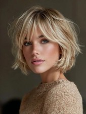 Ombre Blonde highlight Bob Wigs with Bangs 100 Human Hair Lace Front Wigs 8in
