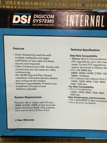 DSI DIGICOM SYSTEMS INC 56K PCI Fax Modem Windows 95/98 NEW - Open Box - Afbeelding 6 van 7