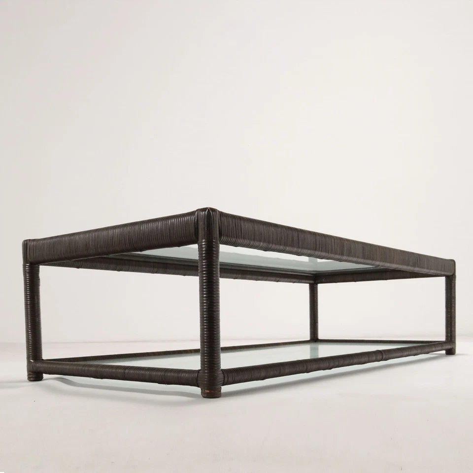 Table Basse Ancienne Osier Double Plateau Verre Italie XXe Siècle Originale - Photo 3/4