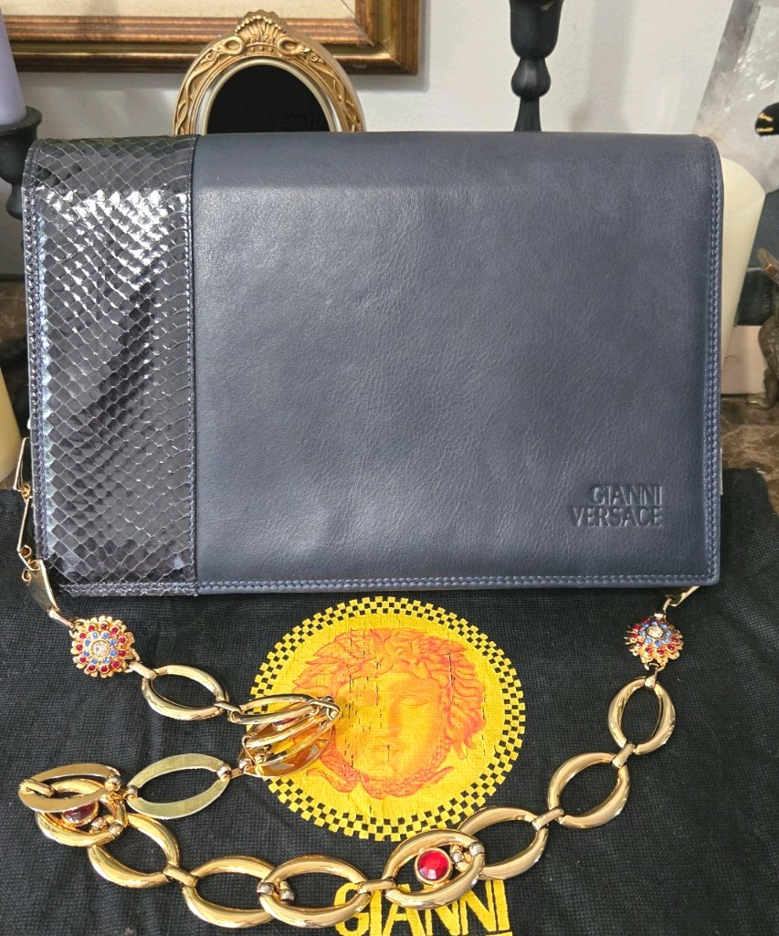 VINTAGE GIANNI VERSACE PYTHON CRYSTAL HANDBAG Nav… - image 1