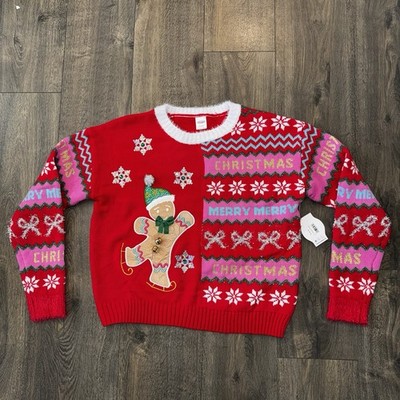 Holiday Time Women's M Embellished Ugly Christmas Sweater Ginger Bread Bells