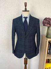 Ing. Loro Piana Silk Air Wool Blue Green Check Peak Lapels Slim Blazer 38, EU 48